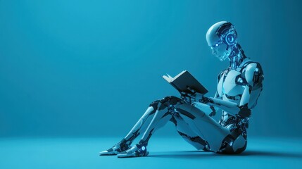 Poster - Robotic figure reading book on blue background