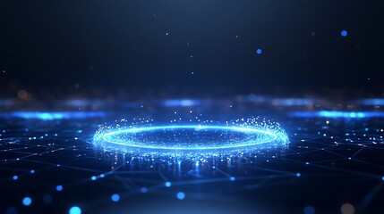 Poster -  A glowing holographic logo surrounded by abstract digital shapes, set against a dark backdrop