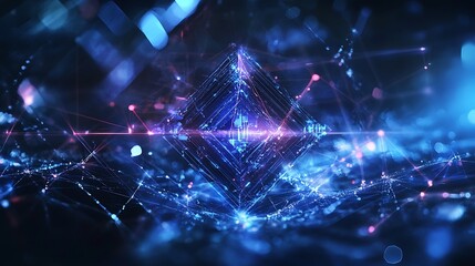 Poster - A glowing holographic logo floating above a reflective surface, surrounded by vibrant light particles