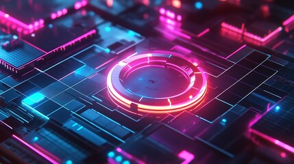 Poster - A glowing holographic logo in a digital space, surrounded by swirling light patterns 
