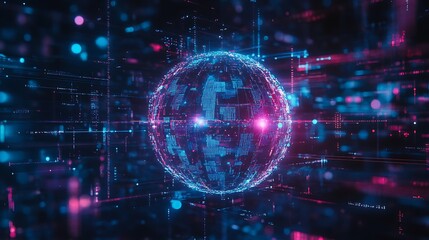 Poster - a glowing holographic logo surrounded by digital waves, set against a dark background