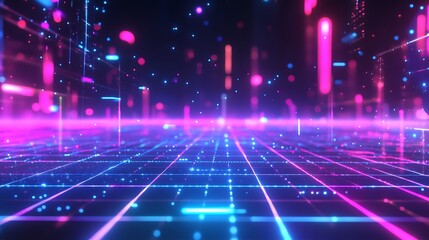 Poster - A glowing holographic logo floating above a reflective surface, surrounded by vibrant digital particles