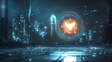 Poster - A glowing holographic logo floating above a reflective surface, surrounded by vibrant digital particles