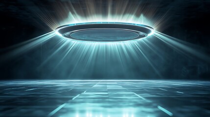 Poster - A glowing holographic logo floating above a reflective floor, with digital light rays shining through