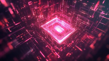 Poster - a glowing holographic logo in a digital space, surrounded by swirling light patterns