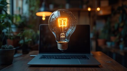 Poster - Light bulb hovering above a laptop on a wooden table