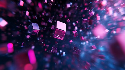 Poster - A holographic logo composed of floating digital fragments, glowing with soft light in a dark space