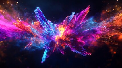 Poster - A holographic logo composed of floating digital fragments, glowing with soft light in a dark space