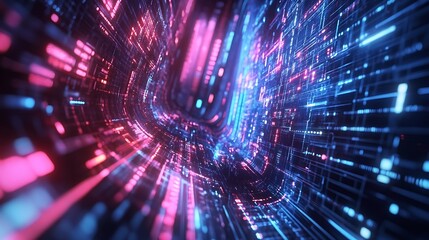 Poster - a holographic logo composed of geometric shapes, glowing with bright neon colors in a digital matrix