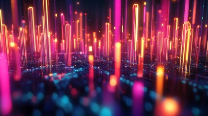Poster - A holographic logo composed of geometric shapes, glowing with bright neon colors in a digital matrix