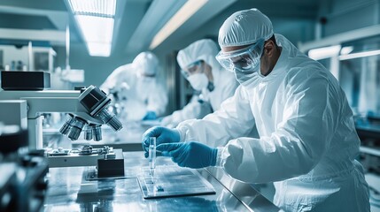Poster - engineers calibrating precision machinery for high-accuracy production in a cleanroom environment.