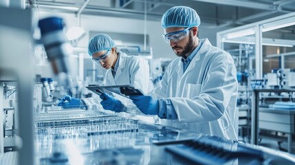 Poster - engineers calibrating precision machinery for high-accuracy production in a cleanroom environment.