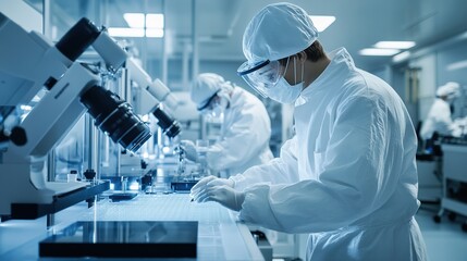 Poster - engineers calibrating precision machinery for high-accuracy production in a cleanroom environment.