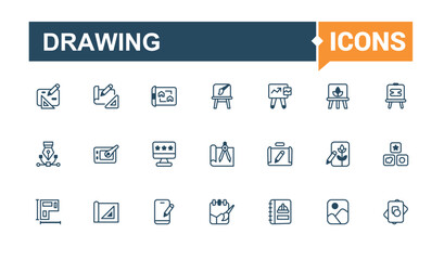 Aufkleber - Drawing thin line icon set. Contains such icons as pen, designer, work, art, creative, paintbrush, graphic, artist. Thin linear style icons. Outline and solid pictogram.
