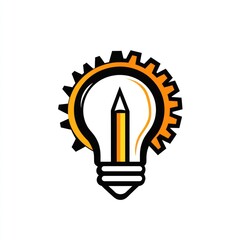Poster - Orange lightbulb with pencil and gears, creativity and innovation concept.