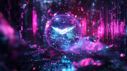 Poster -  holographic logo floating in a virtual reality space, with neon lights and digital effects