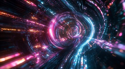 Poster -  holographic logo floating in a virtual reality space, with neon lights and digital effects