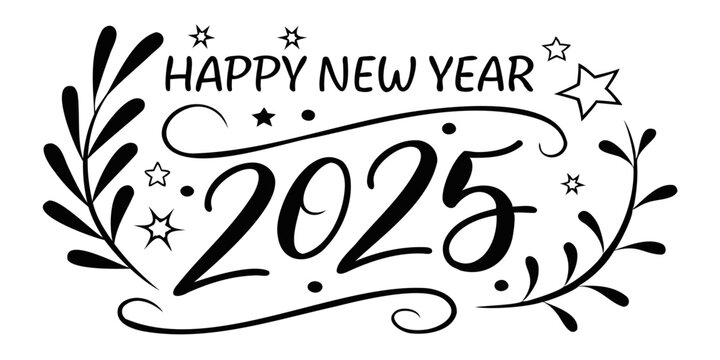 Happy New Year 2025 Vector brush Calligraphy vector silhouette isolated on transparent background