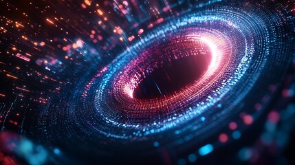 Poster - A holographic logo surrounded by swirling light patterns, glowing softly in a digital space 