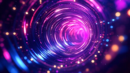 Poster - A holographic logo surrounded by swirling light patterns, glowing softly in a digital space 