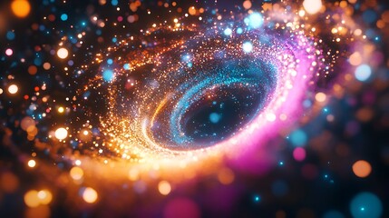 Poster - A holographic logo surrounded by swirling digital light patterns, creating a dynamic and modern feel