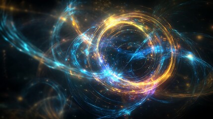 Poster - A holographic logo surrounded by swirling digital light patterns, creating a dynamic and modern feel