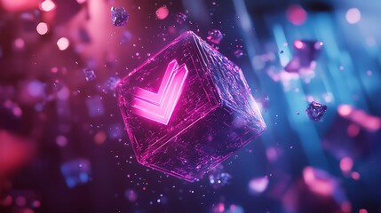 Poster - A holographic logo suspended in mid-air, surrounded by floating digital particles