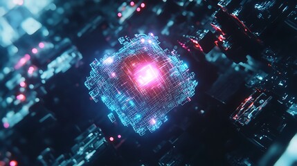 Poster - a holographic logo with a digital glitch effect, floating in a dark, high-tech environment