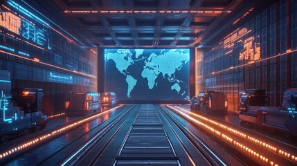 Poster - Futuristic control room with a world map display