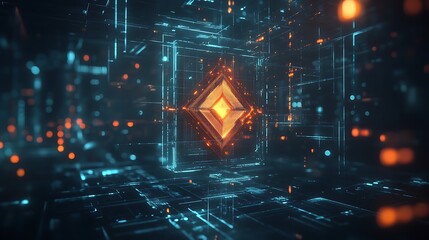 Poster - a holographic logo with a smooth, flowing design, glowing softly in a dark, high-tech environment