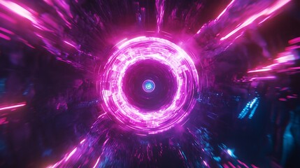 Poster - a rotating holographic logo with smooth gradients, glowing softly in a dark, high-tech setting