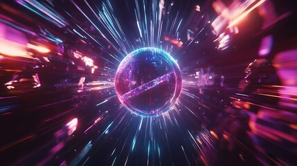 Poster -  A rotating holographic logo with glitch effects, surrounded by vibrant neon light trails 