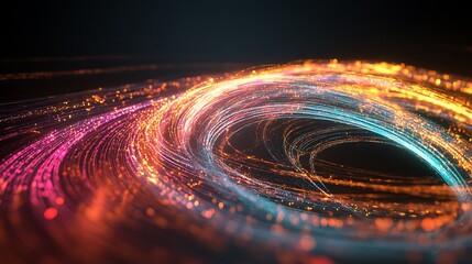 Poster -  A rotating holographic logo with glitch effects, surrounded by vibrant neon light trails 