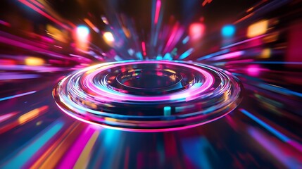 Poster -  A rotating holographic logo with vibrant, rainbow-colored light trails, against a black background