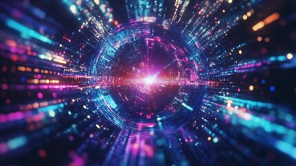 Poster - A rotating holographic logo surrounded by digital glitches and vibrant light effects