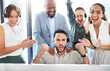 © peopleimages.com - Business people, success or happy man in call center for winning sales bonus or victory good news. Colleagues, friends or excited inbound agent consulting for telemarketing target and group support