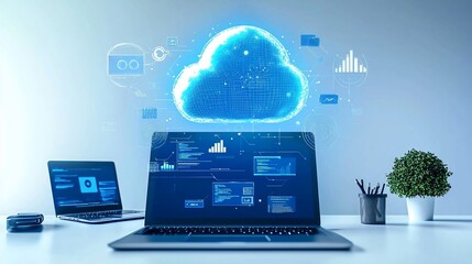 Poster - Cloud computing concept displayed on laptop screen. Multiple laptops and office supplies on a desk.