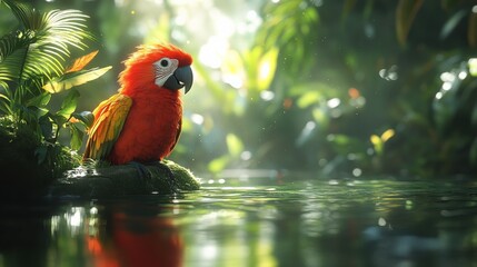 Wall Mural - Vibrant Scarlet Macaw Perched by a Tranquil Water Pool in Lush Tropical Jungle Surrounded by Rich Greenery and Sunlit Atmosphere