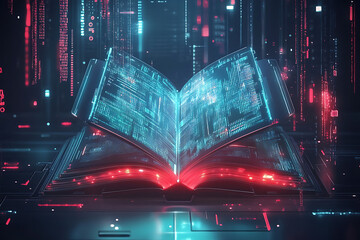 Poster - An open book with glowing digital data, symbolizing knowledge and technology integration.