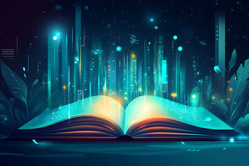 Poster - An open book emits glowing data streams in a mystical, digital environment.