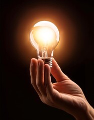 Poster - A hand holding a glowing light bulb in darkness