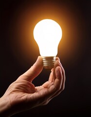 Poster - A hand holding a glowing light bulb in darkness
