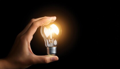 Poster - A hand holding a glowing light bulb in darkness