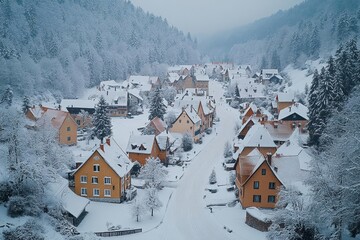 Wall Mural - aerial view of a picturesque town blanketed in snow, capturing the serene beauty of winter with white rooftops, winding streets, and frosted trees creating a peaceful scene