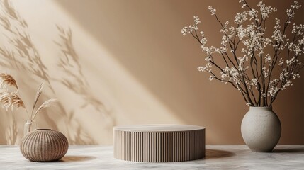 Aufkleber - Elegant decor elements come together, showcasing chic mocha hues alongside natural textures and soft shadows that create a serene ambiance