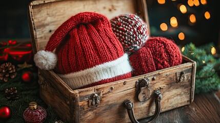 Wall Mural - An open wooden suitcase filled with knitting strips and Santa Claus headgear for Christmas. 