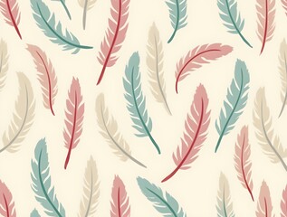 Aufkleber - A seamless pattern of colorful feathers on a cream-colored background. The feathers are arranged diagonally and have a gradient color scheme
