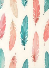 Aufkleber - A seamless pattern of colorful feathers on a cream-colored background. The feathers are arranged diagonally and have a gradient color scheme