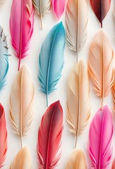 Aufkleber - A seamless pattern of colorful feathers on a cream-colored background. The feathers are arranged diagonally and have a gradient color scheme