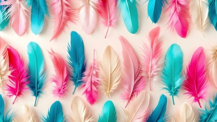 Aufkleber - A seamless pattern of colorful feathers on a cream-colored background. The feathers are arranged diagonally and have a gradient color scheme